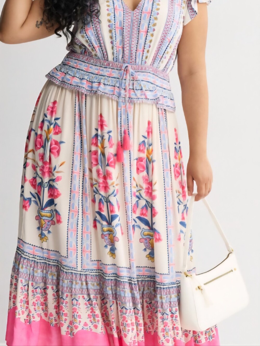 Boho Floral Cream & Pink Maxi Dress